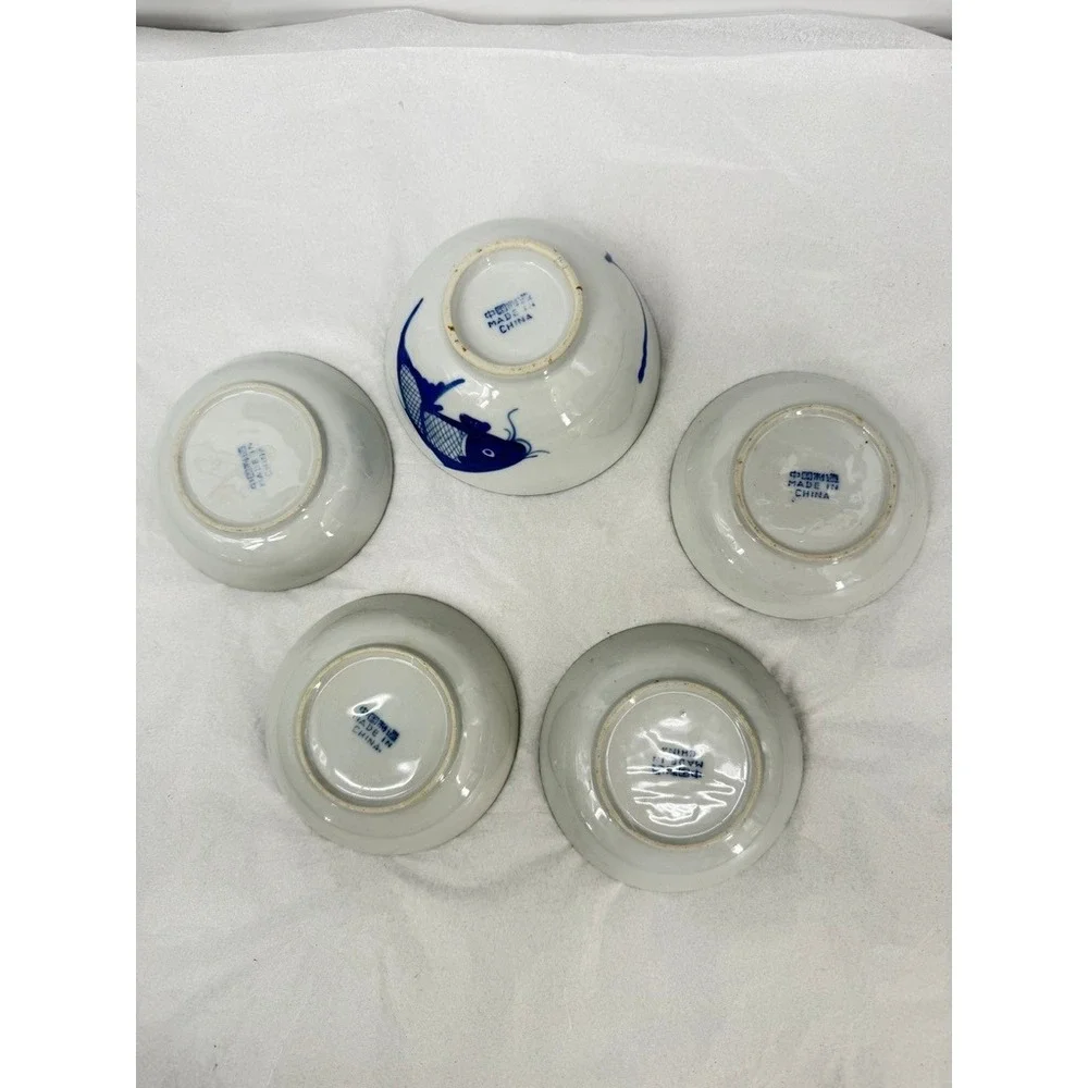 Chinese Koi Fish Carp Ceramic Rice Dipping Bowl SET of 5 Piece Asian Serverware